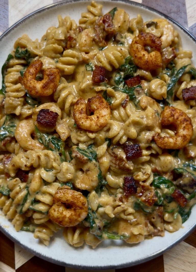 pâtes crémeuses crevettes, chorizo & épinards