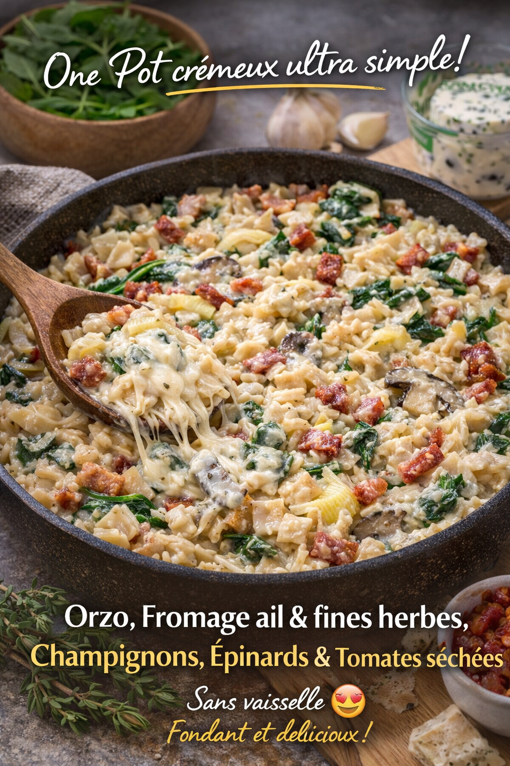 orzo crémeux fromage ail fines herbes champignons épinards tomates séchées et bacon