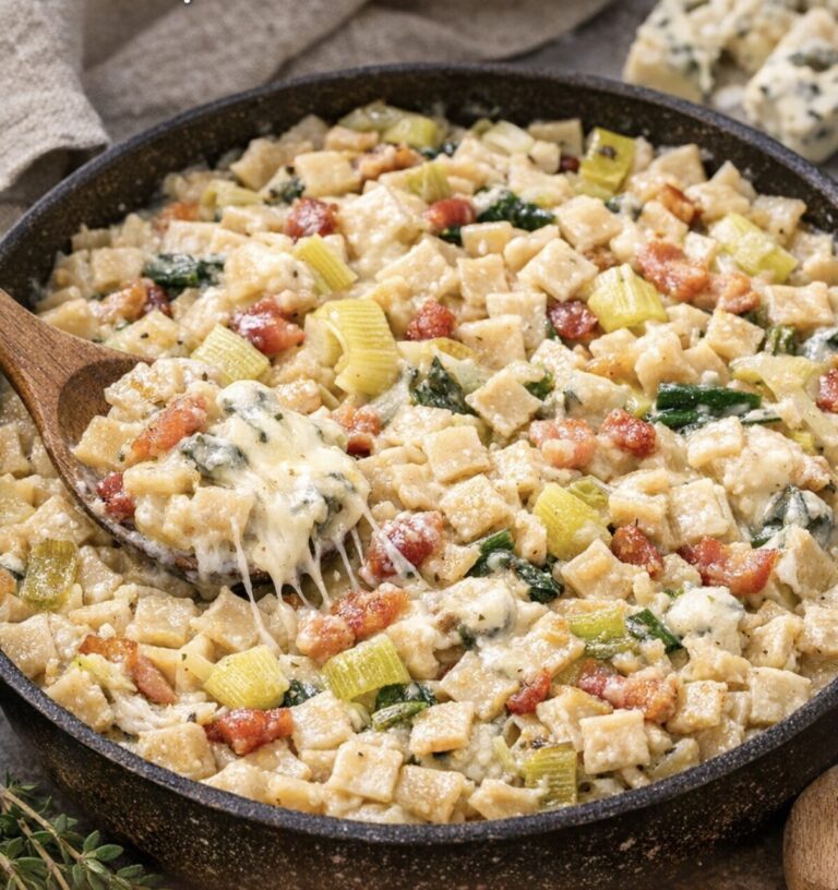 Crozets, poireaux, lardons & gorgonzola